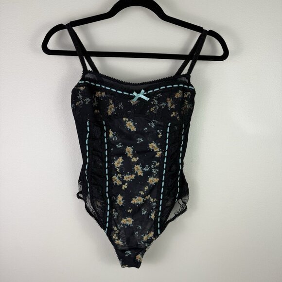 Free People Intimately Say It To Me Floral Mesh Bodysuit Small Black Blue Lace - Picture 2 of 8